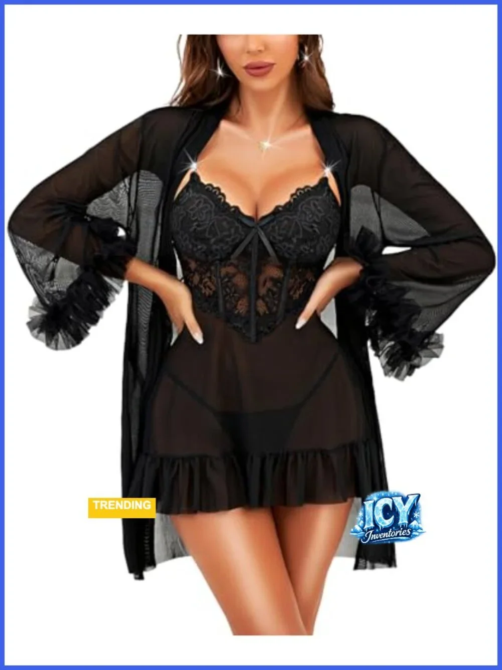 Sexy 2 Piece Babydoll & Lace Robe Set Mesh Nightgown with Rhinestone Straps